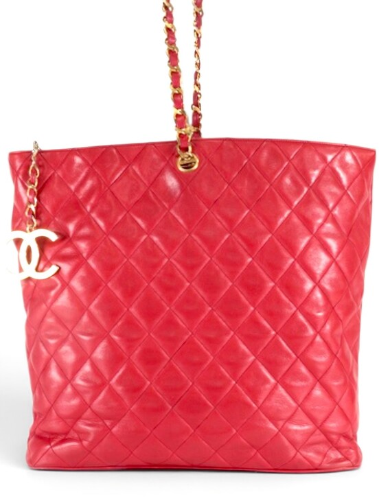 CHANEL Handbags - Chanel Red Quilted Lambskin CC Logo Charm Chain Tote Bag Vintage